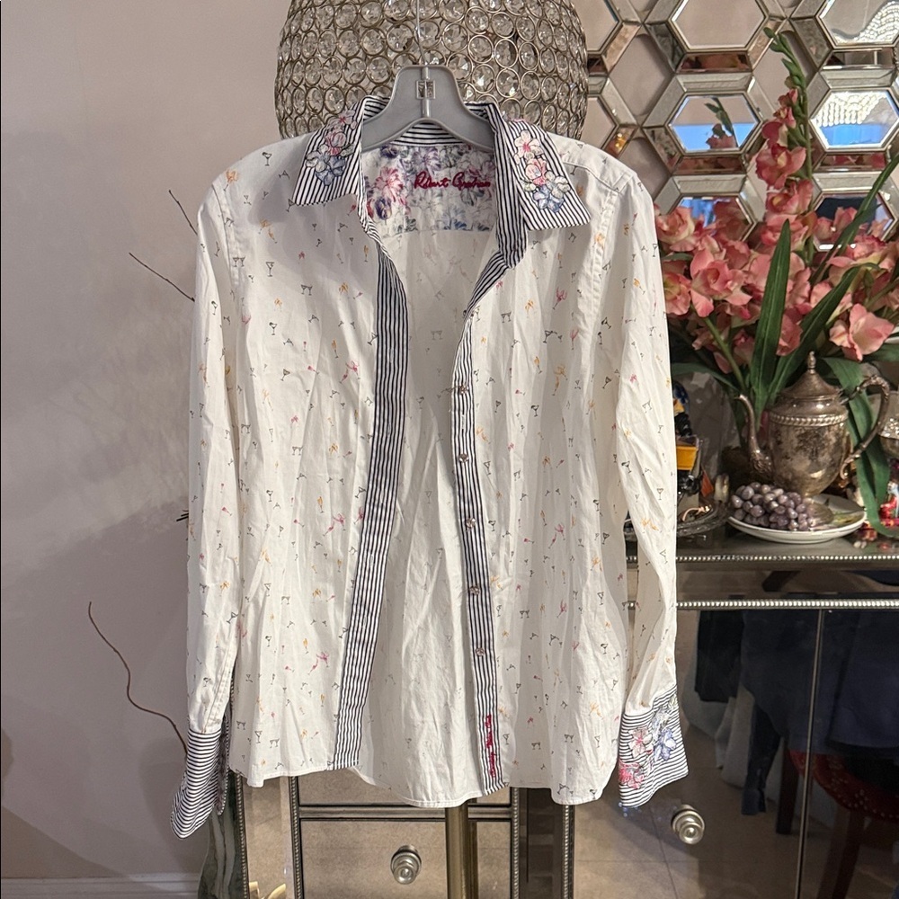 Robert Graham White Shirt with Black Stripes and Floral Accents - Picture 2 of 8